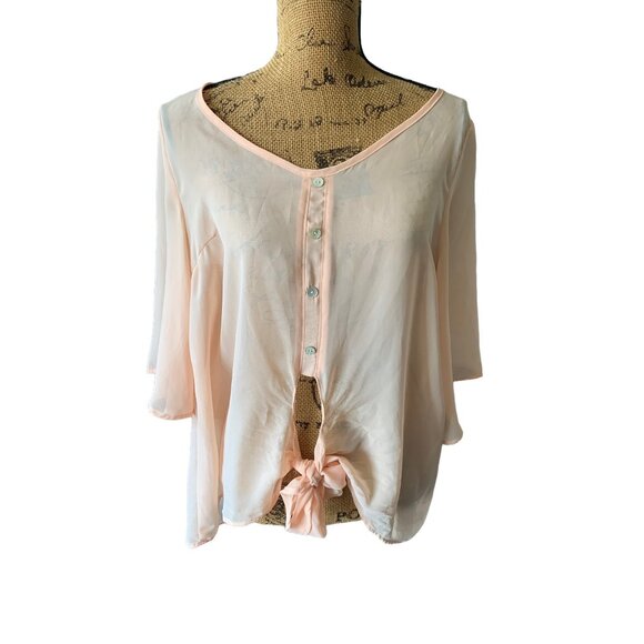 🍒 2/$20 🍒 Peach Sheer Button-Front Blouse, Tie-Knot Hem & Flared Sleeves sz L - Picture 1 of 7